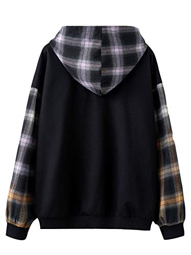 Verdusa Women’s Spliced Plaid Long Sleeve Drawstring Hoodie Top Sweatshirt Plaid Black L | The Storepaperoomates Retail Market - Fast Affordable Shopping