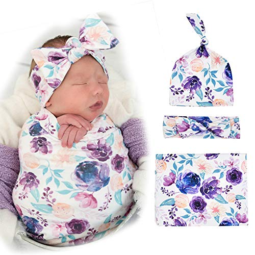 Newborn Floral Swaddle Blanket Purple Flower Rose Baby Receiving Blanket with Headband Soft and Stretchy Infant Swaddle Wrap Blanket for Baby Girl | The Storepaperoomates Retail Market - Fast Affordable Shopping
