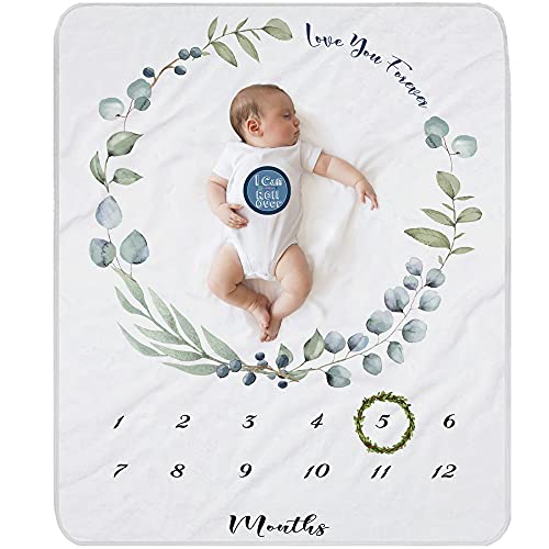Yoothy Baby Monthly Milestone Blanket for Boy Girl Gender Neutral Gift for Baby Shower, Eucalyptus Plant Blanket for Newborn, Green Leaves Wreath &12 Stickers Included, Soft Flannel Blanket 47”x40”