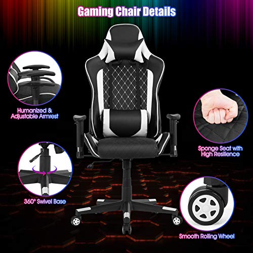 Tangkula Gaming Desk and Gaming Chair Combo Set, Computer Desk and Racing Office Chair Set w/Cup Holder, Earphone Hook, Lumbar Massage and Headrest, Home Office Furniture Set (White) | The Storepaperoomates Retail Market - Fast Affordable Shopping