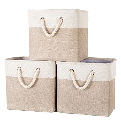 AUGSMIAR Foldable Cube Storage Bins, 13 x 13 x 13” Storage Baskets with Handles, Linen Cotton & TC Fabric, for Shelf Closet Cabinet Nursery Home Office Organizing – (3 Pack, Khaki & Ivory) | The Storepaperoomates Retail Market - Fast Affordable Shopping