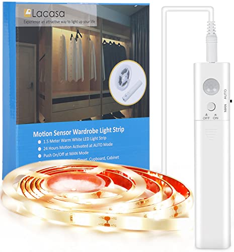Lacasa Motion Activated LED Light Strip 60″ 1.5M, Battery Powered Motion Sensor Closet Lights, Warm White, Auto or Switch On/Off, for Kitchen Under Cabinet, Wardrobe, Cupboard, Bathroom