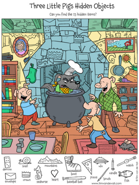 Hidden Objects Puzzle – The Three Little Pigs and the Big Bad Wolf