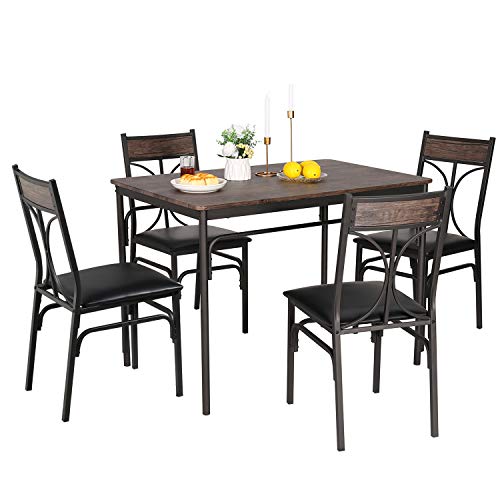 VECELO 5-Piece Indoor Modern Rectangular Dining Table Set for Kitchen, Dinette, Breakfast Nook, 4, Retro Brown