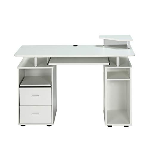 47 Inch Computer Desk with Hutch and 2 Drawers Home Office Study Writing Desk, Student PC Laptop Workstation with Host Stand and Pull-Out Keyboard Tray, Elevated Accessory Shelf, White | The Storepaperoomates Retail Market - Fast Affordable Shopping