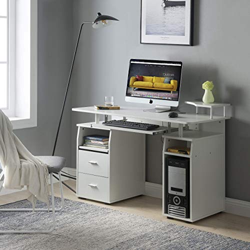 47 Inch Computer Desk with Hutch and 2 Drawers Home Office Study Writing Desk, Student PC Laptop Workstation with Host Stand and Pull-Out Keyboard Tray, Elevated Accessory Shelf, White | The Storepaperoomates Retail Market - Fast Affordable Shopping