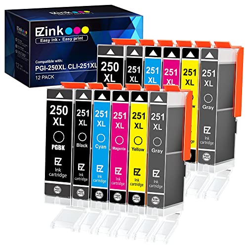 E-Z Ink (TM) Compatible Ink Cartridges Replacement for Canon 250 251 PGI-250XL CLI-251XL to use with Pixma MG6320 MG7120 MG7520 IP8720 (12 Pack, 2 PGBK, 2 Cyan, 2 Magenta, 2 Yellow, 2 Black, 2 Gray)