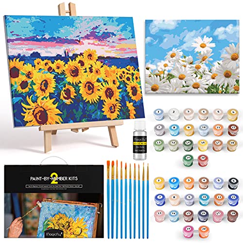 Magicfly Paint by Numbers with Frame and Free Table Easel, 2 Pack | 11” x 14” | DIY Paint Kits for Adults with Stretched Canvas, Color Paint by Numbers for Beginner, Daisies and Sunflowers | The Storepaperoomates Retail Market - Fast Affordable Shopping