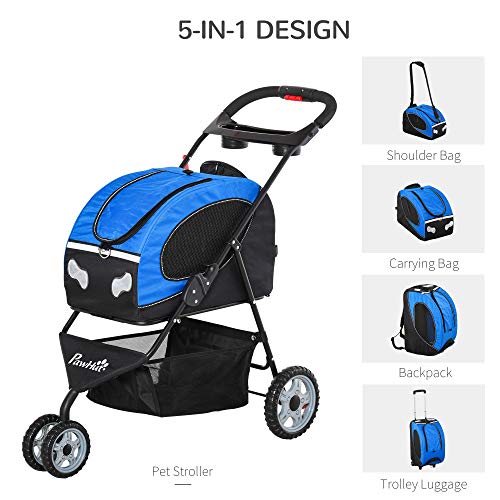 PawHut Foldable Pet Stroller, 5-in-1 Dog Cat Travel Carriage, Carrying Shoulder, Bag Backpack, Stroller, Luggage with Universal Wheel, Canopy, Basket, Cup Holder, Blue | The Storepaperoomates Retail Market - Fast Affordable Shopping