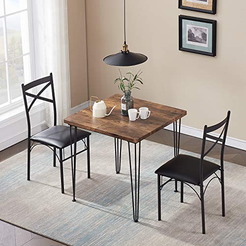 VECELO Modern Industrial Style 3-Piece Dining Room Kitchen Table and Pu Cushion Chair Sets for Small Space, 2, Retro Brown