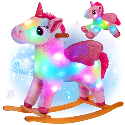 Glow Guards Light up Unicorn Rocking Horse Safe Musical Set of 2 with Stuffed Rainbow Unicorn Toys Wooden Chair Gifts for Toddler/Children Age 3 Year and Up