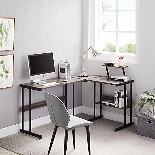 Amosic Computer Desk, 58” L-Shaped Corner Desk with Monitor Stand, L Shaped Gaming Computer Table, Home Office Desk with Storage Shelves, Industrial Style PC Laptop Table, Easy Assembly, Retro Grey | The Storepaperoomates Retail Market - Fast Affordable Shopping