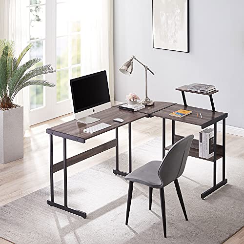Amosic Computer Desk, 58” L-Shaped Corner Desk with Monitor Stand, L Shaped Gaming Computer Table, Home Office Desk with Storage Shelves, Industrial Style PC Laptop Table, Easy Assembly, Retro Grey | The Storepaperoomates Retail Market - Fast Affordable Shopping