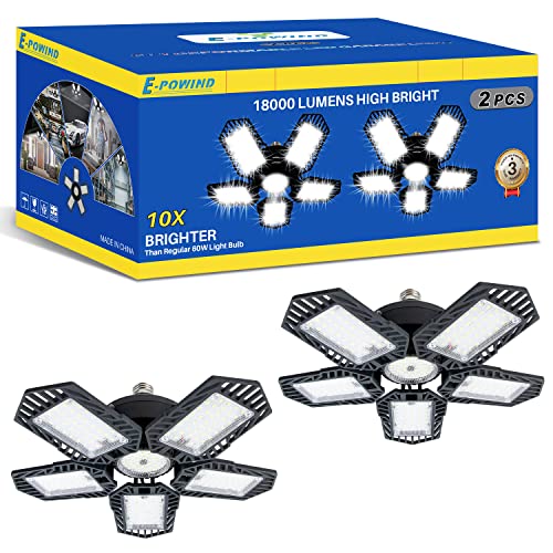 E-POWIND 2 Pack 180W Deformable E26/E27 Screw-in 18000LM 6500K Led Garage Light, Super Bright 5 Adjustable Panels Garage Light, Led Lights for Garage | The Storepaperoomates Retail Market - Fast Affordable Shopping