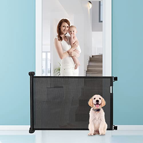 Retractable Baby Gate , Abaook Retractable Dog Gate for Stairs , Extra Wide Baby Gate 34 ” Tall , Extends to 54 ” Wide，Dog Gate for Doorways , Stairs , Hallways , Indoor/Outdoor (Black)