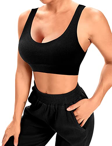 DERCA Two Piece Workout Outfits for Women Jogger Sweatpants Sets with Pockets Ribbed Sports Bra Gym Activewear (#1 Black,Medium) | The Storepaperoomates Retail Market - Fast Affordable Shopping