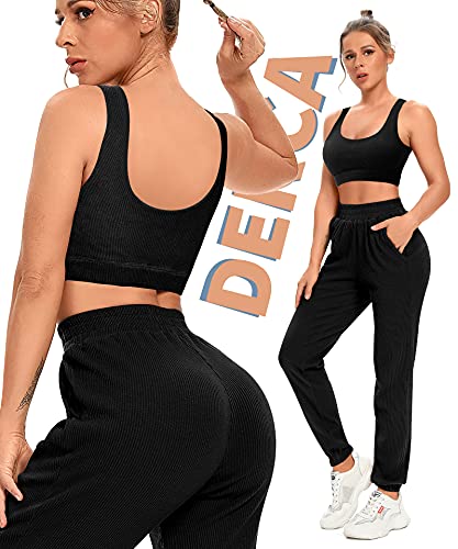 DERCA Two Piece Workout Outfits for Women Jogger Sweatpants Sets with Pockets Ribbed Sports Bra Gym Activewear (#1 Black,Medium) | The Storepaperoomates Retail Market - Fast Affordable Shopping