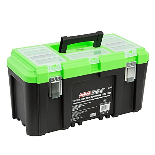 OEMTOOLS 22160 19″ Tool Box with Removable Tool Tray, Security Slot for Padlocks, Easy Access Tool Box Multiple Compartments Lid, Max. Weight 40 Lb.