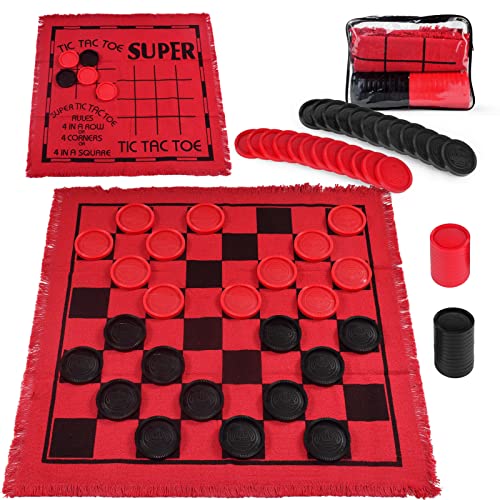 Giant Checkers Board Games 3 in 1 Tic Tac Toe Board Game for Adults & Kids with 24 Checker Pieces Reversible Rug – Indoor and Outdoor Games for Family & Party -Gift Ideas for Teen Boys, Kids & Adults