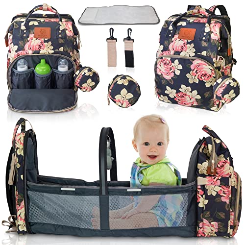 Mad for Good 3 in 1 Diaper Bag with Changing Station, Mosquito Net, Waterproof, Foldable Bassinet, Sunshade, UV Floral Design Backpack Travel for Baby boys and Girls with Pacifier Case | The Storepaperoomates Retail Market - Fast Affordable Shopping