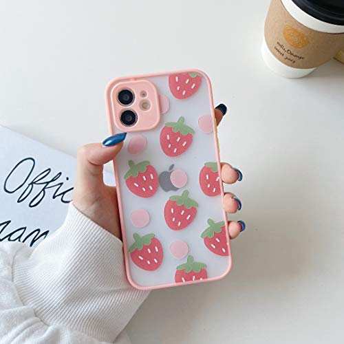 TIANA, Pink Strawberries Phone Case for Apple iPhone 12 Mini 5.4inch Camera Protection TPU Bumper Cover Cute Design Clear Matte PC Back Shockproof Protective Covers for iPhone 12 Mini Cases