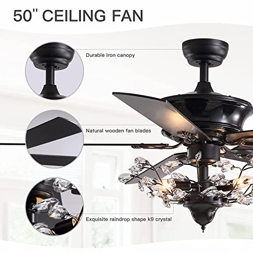 CROSSIO 50-inch Black Branches Crystal Ceiling Fan 5 Traditional Reversible Wood Blades Ceiling Fan with Crystal 3 Lights Crystal Ceiling Fan with Remote for Kitchen Dining Room Living Room | The Storepaperoomates Retail Market - Fast Affordable Shopping