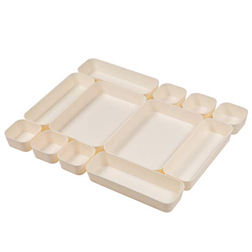 Backerysupply Set Of 12 Beige Color Plastic Desk Drawer Organizers For Makeup Bathroom Office Kitchen Vanity Drawer Storage Box Container