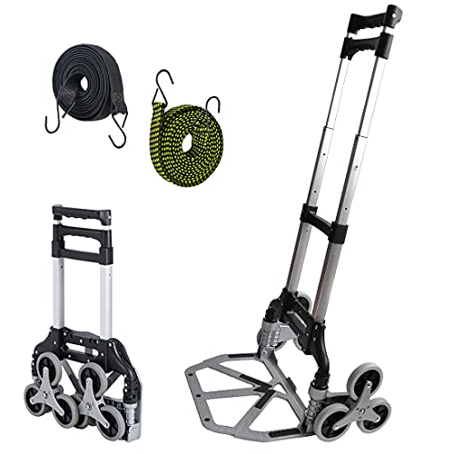 Stair Climbing Cart Portable Folding Hand Truck, 330 LBS Load Capacity Aluminium Trolley with 3-Level Height Adjustable Telescoping Handle, 6 Rubber Wheels & Bungee Cord for Pulling, All Terrain | The Storepaperoomates Retail Market - Fast Affordable Shopping