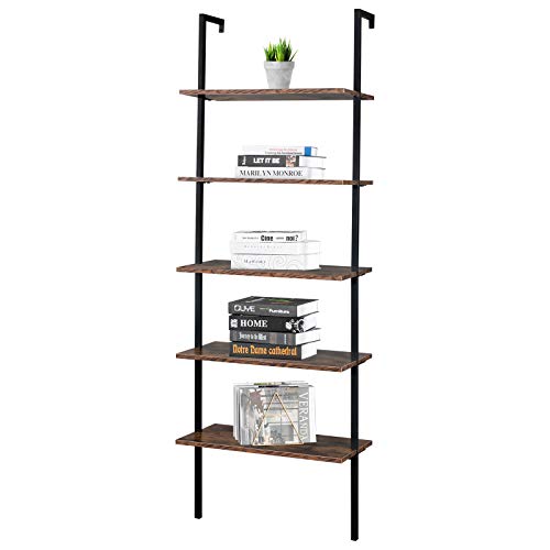 VINGLI Wall-Mounted Bookshelf 5-Tier Wood Ladder Shelf Rustic Vintage Book Shelving Storage Rack Open Metal Bookcase for Home Office Study | The Storepaperoomates Retail Market - Fast Affordable Shopping
