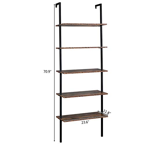 VINGLI Wall-Mounted Bookshelf 5-Tier Wood Ladder Shelf Rustic Vintage Book Shelving Storage Rack Open Metal Bookcase for Home Office Study | The Storepaperoomates Retail Market - Fast Affordable Shopping