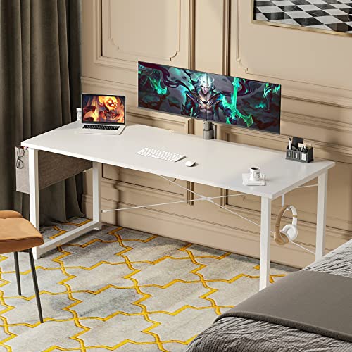 ODK 63 inch Super Large Computer Writing Desk Gaming Sturdy Home Office Desk, Work Desk with A Storage Bag and Headphone Hook, White + White Leg | The Storepaperoomates Retail Market - Fast Affordable Shopping