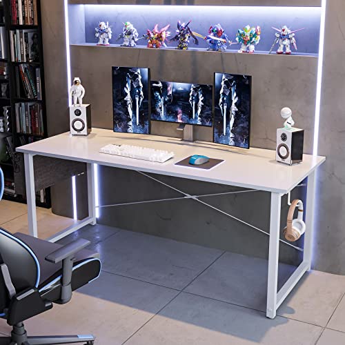 ODK 63 inch Super Large Computer Writing Desk Gaming Sturdy Home Office Desk, Work Desk with A Storage Bag and Headphone Hook, White + White Leg | The Storepaperoomates Retail Market - Fast Affordable Shopping