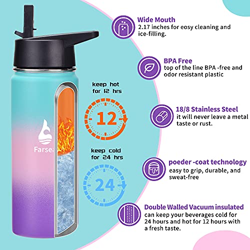 Farsea Insulated Water Bottle with Straw Lid & Spout Lid & Paracord Handle, Stainless Steel Water Bottle Wide Mouth, Double Wall Sweat-Proof BPA-Free, 18 oz, Gradient Mint + Pink + Purple | The Storepaperoomates Retail Market - Fast Affordable Shopping