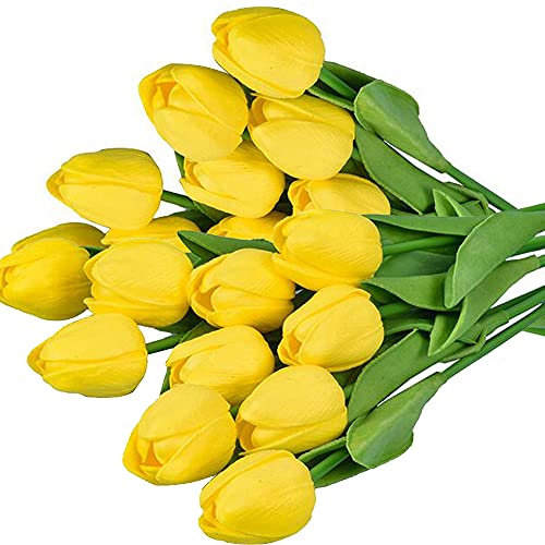 BOMJJOR 20 Heads Tulips Artificial Flowers Real Touch Tulips Silk Artificial Tulips Flower Bouquet for Room Centerpiece Party Wedding Office Garden Home Decor 13.4″ Authentic PU Tulips (Yellow) | The Storepaperoomates Retail Market - Fast Affordable Shopping