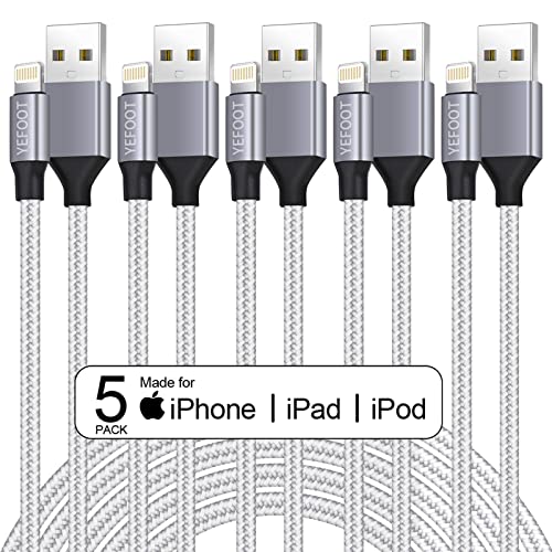[Apple MFi Certified] 5Pack(3/3/6/6/10FT) iPhone Charger Nylon Braided Fast Charging Lightning Cable Compatible iPhone 14Pro/14/13Pro/13/12Pro/12/11and More-Silver&White