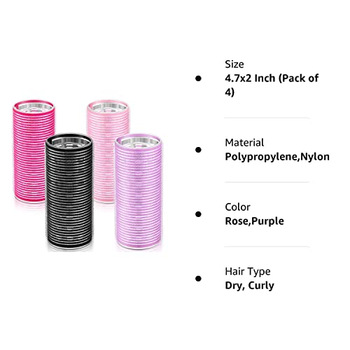 4 Pieces Aluminium Core Curler Roller Self-Grip Roller Self Holding Roller Hairdressing Curler for Long Hair Bang Jumbo Roller Women Hairstyle (Rose Red, Light Pink, Purple, Black,4.7 x 2 Inch) | The Storepaperoomates Retail Market - Fast Affordable Shopping