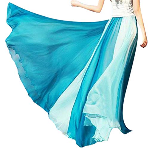 Women’s Skirts Summer Block Color Double Layer Elastic Waist Maxi Skirt Boho Holiday Beach Flowy Chiffon Long Skirt (Blue, 100CM – Length)
