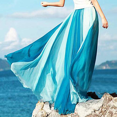 Women’s Skirts Summer Block Color Double Layer Elastic Waist Maxi Skirt Boho Holiday Beach Flowy Chiffon Long Skirt (Blue, 100CM – Length) | The Storepaperoomates Retail Market - Fast Affordable Shopping