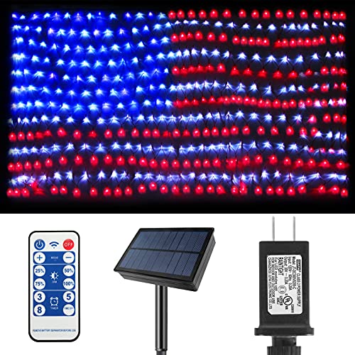MZD8391 Solar American US Flag Lights [Plug in & Solar 2 Power Way], 420 LEDs Waterproof USA Flag Net Lights, 6.75 FT x 3.53 FT Solar Lights for Garden, 4th of July, Independence Day Decoration