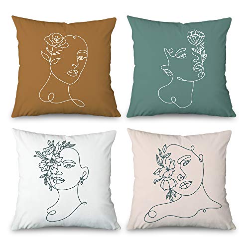 Toobaso Abstract Face Throw Pillow Covers Set of 4,Garden Bench Outdoor Pillow Covers 18×18,Modern Minimalist Line Art Women Home Decor Zippered Pillow Cases for Living Room Office Sofa | The Storepaperoomates Retail Market - Fast Affordable Shopping