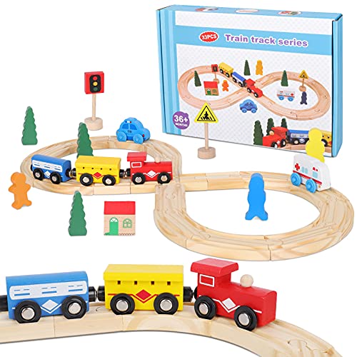 DeXop Wooden Train Set Toys Toddler, 33 Pieces Magnetic Trains Wood Tracks, Train Toy Cars Birthday Gift for 3 4 5 6 Years Old Boys Girls, Wood Train Pack Fits Thomas Brio Melissa and Doug