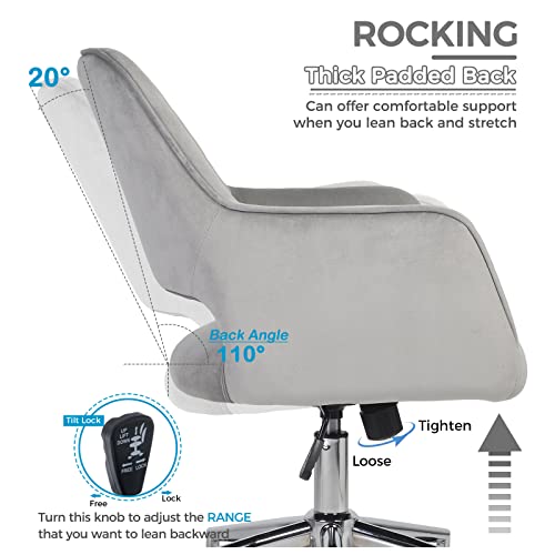 Blairot Velvet Office Desk Chair with Hollow Mid-Back, Modern Height Adjustable 360° Swivel Upholstered Computer Task Vanity Chair with Arms and Wheels (Grey) | The Storepaperoomates Retail Market - Fast Affordable Shopping