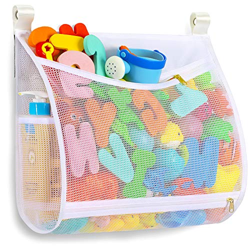 Baby Bath Toy Organizer With Machine Washable, Multiple-suspension Bath Toy Holder, Large Capacity, 2 Side Bags +4 Strong Hooks (1 Large, White) | The Storepaperoomates Retail Market - Fast Affordable Shopping