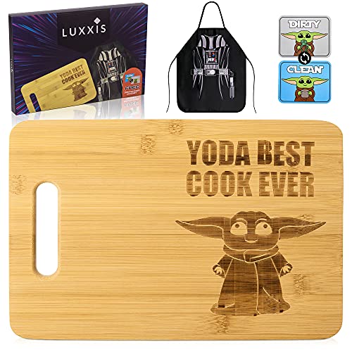 Luxxis Star Wars Kitchen Cutting Board Cooking Accessories – Yoda Best Cook Ever Laser Engraved Bamboo Kitchen Gifts Set- Premium Cookware Apron – Cute Dishwasher Magnet