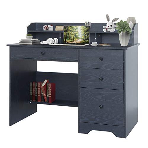 KKL Computer Desk with 4 Drawers and Hutch Shelf Wood Frame Home Office Writing Desk PC Laptop Notebook Table (Black) | The Storepaperoomates Retail Market - Fast Affordable Shopping