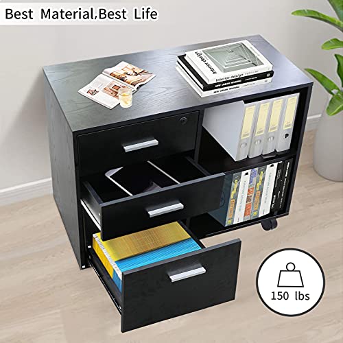 PRTYBETY File Cabinets for Home Office，3-Drawer Wood Office File Cabinets with Lock, Office File Cabinets, Printer Stand with Storage，Office Furniture with File Drawer，Black，16″ D x 32″ W x 26″ H | The Storepaperoomates Retail Market - Fast Affordable Shopping