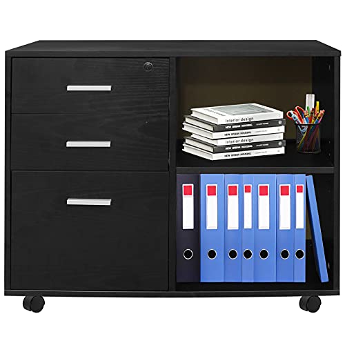 PRTYBETY File Cabinets for Home Office，3-Drawer Wood Office File Cabinets with Lock, Office File Cabinets, Printer Stand with Storage，Office Furniture with File Drawer，Black，16″ D x 32″ W x 26″ H | The Storepaperoomates Retail Market - Fast Affordable Shopping