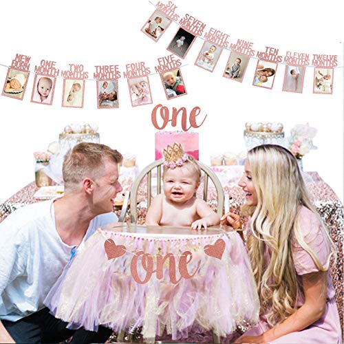 Rose Gold 1st Birthday Baby Photo Banner for Newborn to 12 Months And Alphabet ONE Bunting, Alphabet ONE Cake Topper for Baby Show First Birthday Party Decoration | The Storepaperoomates Retail Market - Fast Affordable Shopping