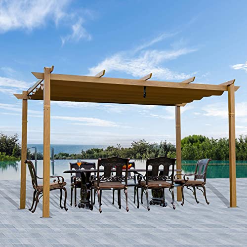 Domi Outdoor Living 10’ X 13’ Outdoor Retractable Pergola Garden Pergola Patio Grill Gazebo with Heavy Duty Grape Trellis Sunshade Cover for Courtyard (Teak Coated) | The Storepaperoomates Retail Market - Fast Affordable Shopping