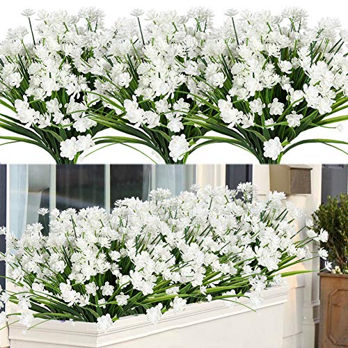 ArtBloom 8 Bundles Outdoor Artificial Fake Flowers UV Resistant Shrubs Plants, Faux Plastic Greenery for Indoor Outside Hanging Plants Garden Porch Window Box Home Wedding Farmhouse Decor (White)